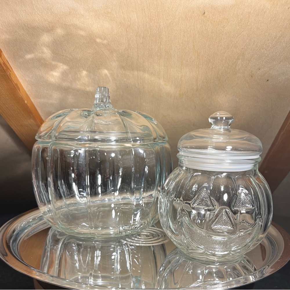 2 Vintage Glass Pumpkin Jack-O-Lantern Storage Containers